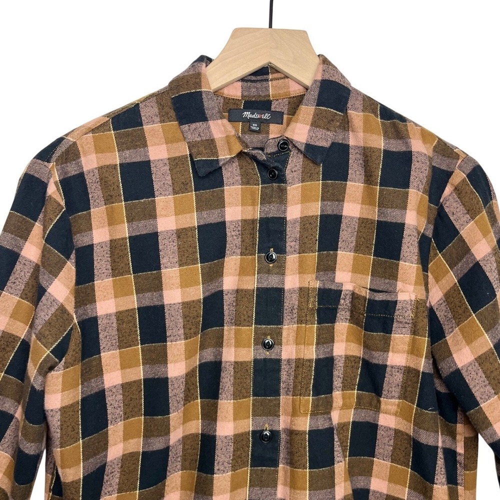 Madewell Preppy Plaid Flannel Button Down Shirt Brown Tan Black Cotton Size XS - Picture 3 of 9